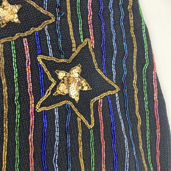 Vtg Sequin Beaded Star Print Sweater Rainbow Waves Medium Made in Hong Kong - Picture 14 of 16